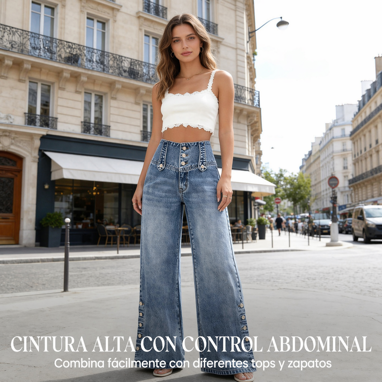 Sofia™ | Vaqueros de cintura alta y corte ancho con botones retro