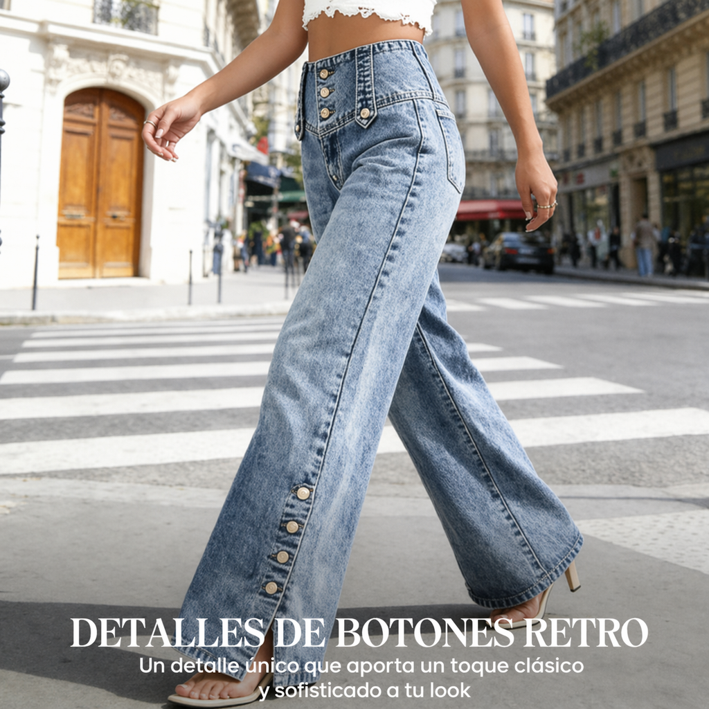 Sofia™ | Vaqueros de cintura alta y corte ancho con botones retro