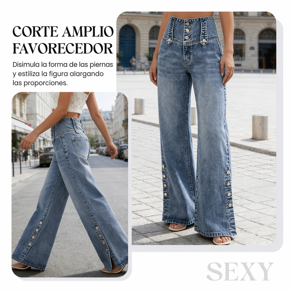Sofia™ | Vaqueros de cintura alta y corte ancho con botones retro